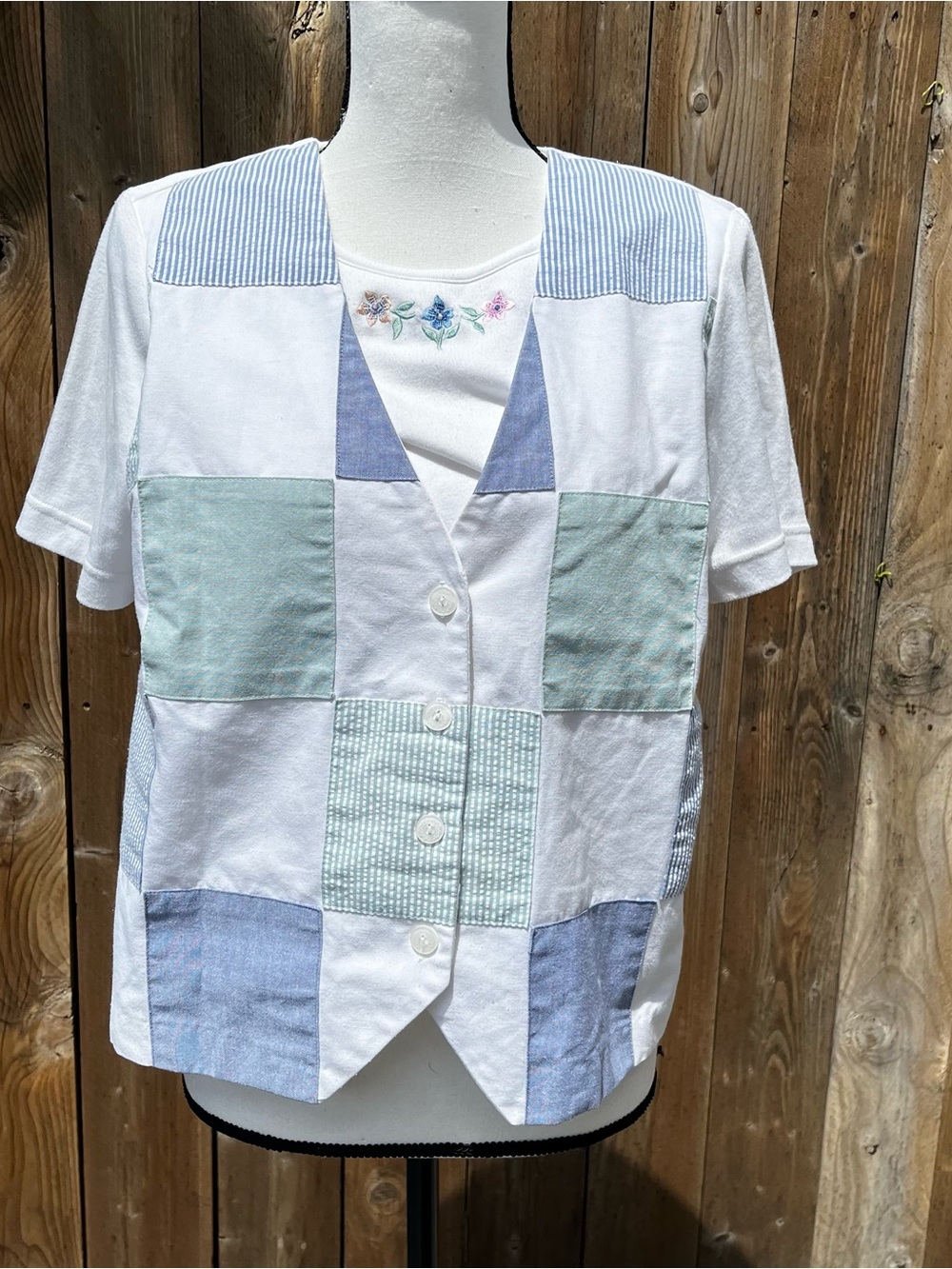 Alfred Dunner Vintage White Patchwork Button Front Top with Blue & Mint Accents